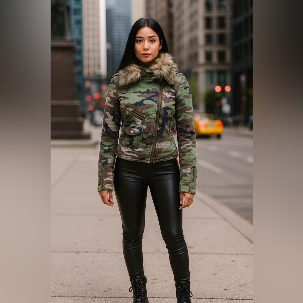 NWT Denim & Supply Ralph Lauren Women’s Camo Faux Fur Collar Moto Jacket Rare